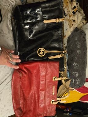 Michael Kors Red Pebbled Leather  Shoulder Bag with Gold Accents and Black MK
